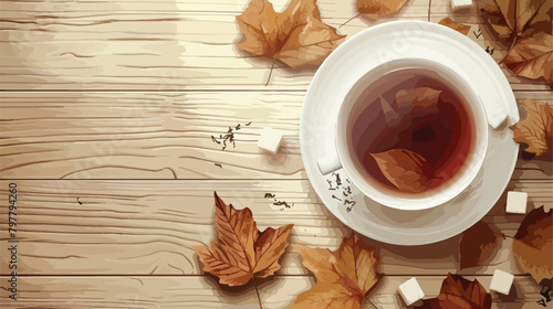 Cup of black tea dry leaves and sugar on wooden background