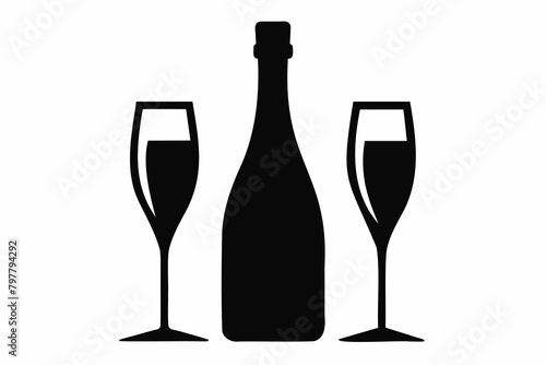 Silhouette of a champagne bottle with two glasses. Black and white graphic illustration isolated on white background. Minimalist design. Concept of celebration, New Year, Christmas, toasting