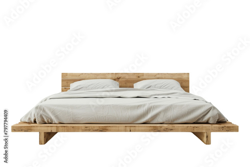 A bed with a wooden frame and white sheets, inviting relaxation and comfort