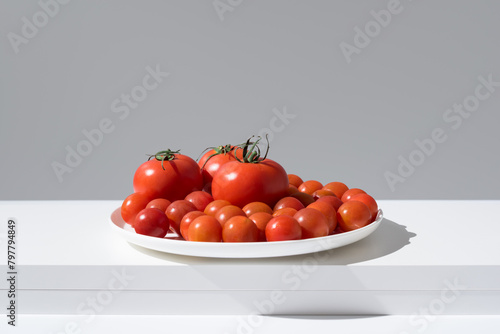 Surtido de tomates maduros dentro de un plato sobre una mesa blanca y fondo gris