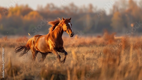 Craft an image capturing the effortless elegance of horses as they gallop with fluidity and poise photo