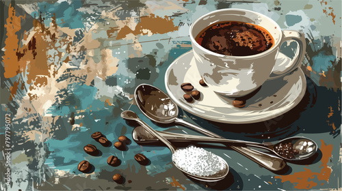 Cup of hot turkish coffee spoons with sugar and beans