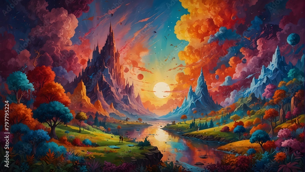 A lively painting reminiscent of a colorful cartoon world, where fantasy and reality merge in a kaleidoscope of hues ai_generated