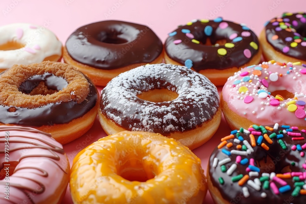 Close-up shot showcasing scrumptious donuts topped with various frostings like chocolate and powdered sugar Close-up shot showcasing scrumptious donuts topped with various frostings like chocolate and powdered sugar