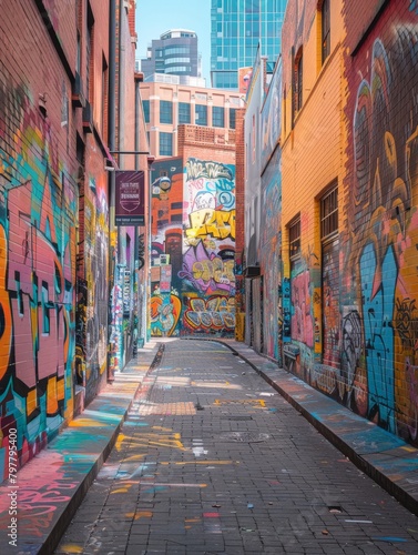 A colorful graffiti mural in a Melbourne laneway, blending art and urban culture. photo