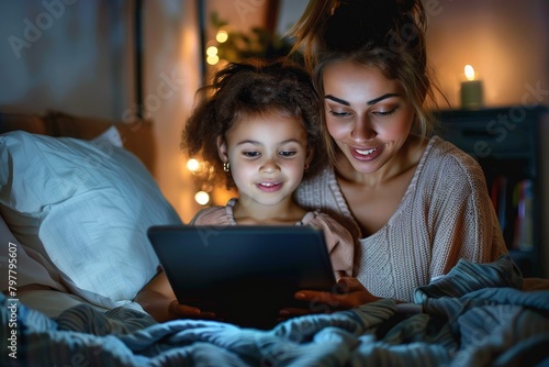 A caring mother and her young daughter using a tablet together in a cozy bedroom setting with warm lighting © Pinklife