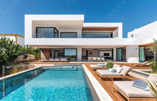 modern house with pool and wooden deck, minimalist architecture © Kien