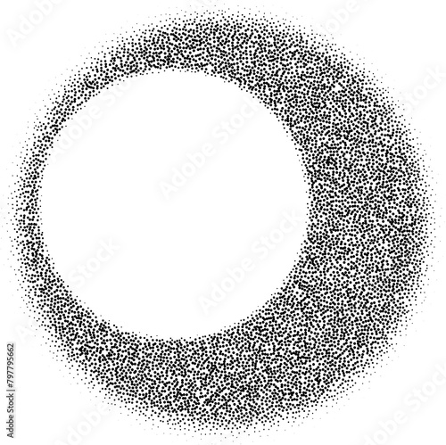 Noise round brush isolated. Grunge dotwork gradient blur circle, ring,disk. Black space shape of dots. Sand, grainy, chalk, diffuse, glitter effect. Texture brush. Halftone illustration