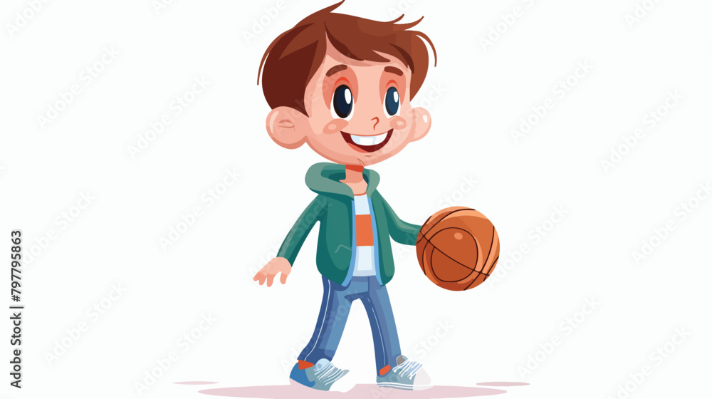Cute boy with basketball on white background Vector illustration