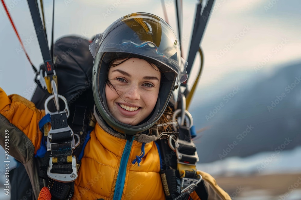 Close-up of a smiling woman wearing a paragliding harness and helmet against the backdrop of a cloudy sky and mountains Close-up of a smiling woman wearing a paragliding harness and helmet against the backdrop of a cloudy sky and mountains