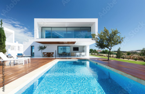 modern house with pool and wooden deck, minimalist architecture © Kien