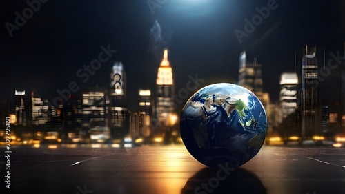 Earth with the city's blurry lights in the background. Concepts related to media, politics, business, and ecology. 