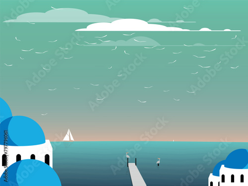 Travel Icon place Greek island Santorini with sea and sailing boats. Vector Illustration	