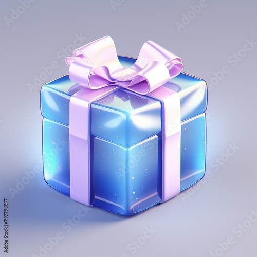 Glowing Blue Gift Box with a Sparkling Purple Ribbon and Bow