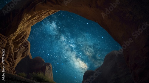 AI-generated illustration of a stone arch under a starry sky with Milky Way