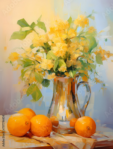 Still life in orange tones. Oil painting in impressionism style. Vertical composition.