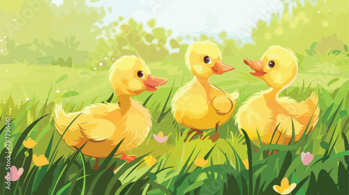 Cute ducklings on green grass Vector illustration. vector
