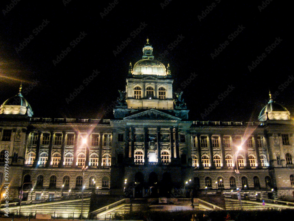 The Neoclassical building of the Czech National Museum, illuminated at night, situated in Wencelas Square in the New Town of Prague, Czech Republic,