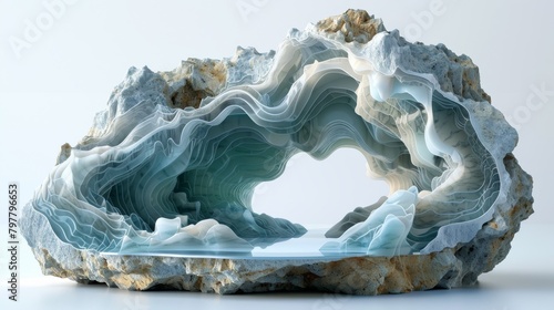 A large rock with a blue wave carved into it