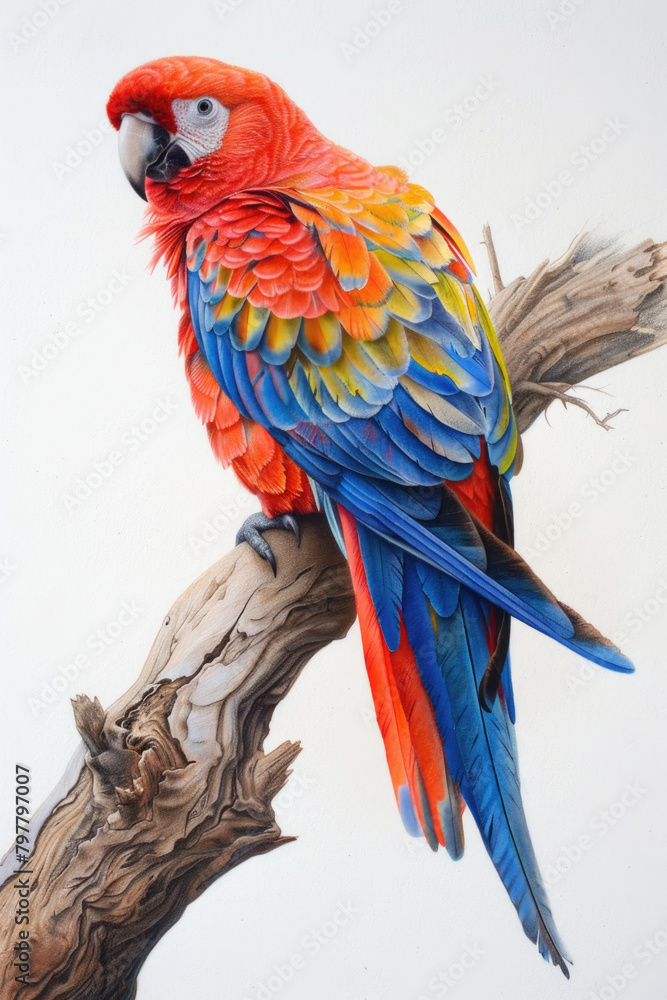 Fototapeta premium A brightly colored bird perched gracefully on a tree branch, showcasing its vibrant feathers against the green foliage