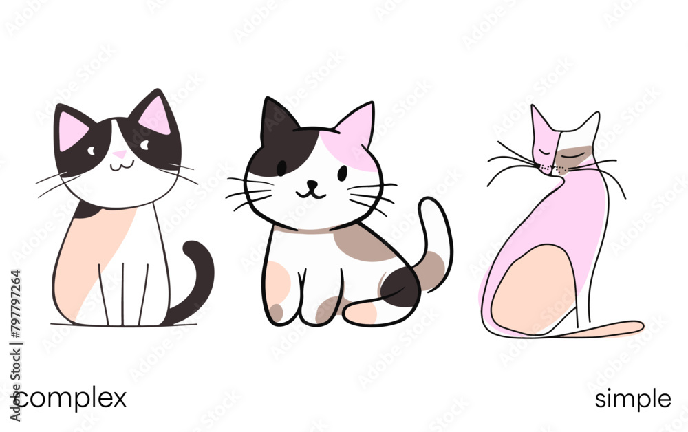 set of 3 vector cartoon cats, simple minimalistic design