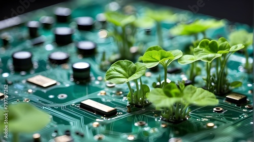 Verdant flora flourishing on a computer circuit board IT that is environmentally sustainable and integrates technology with nature