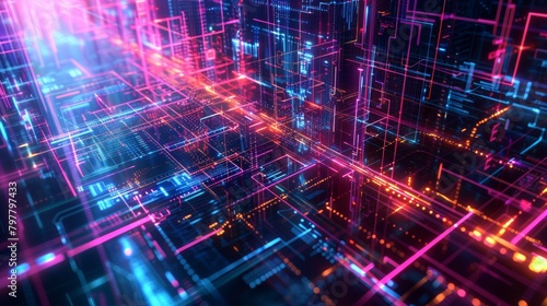 Neon circuitry grid illuminating the virtual space of cyber connectivity and data flow. Abstract Technology Background