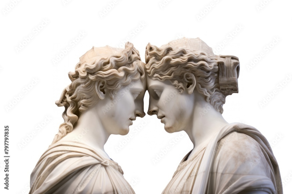 Greek sculptures kissing statue art white background.