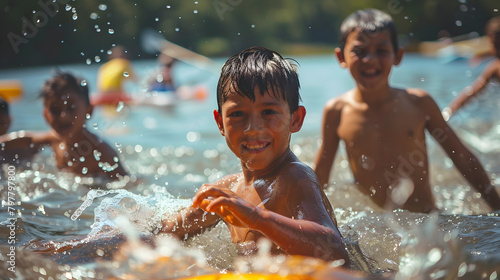 Children enjoying water activities at a summer camp lake