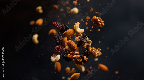 A dramatic shot of a handful of mixed nuts and dried fruits suspended mid-air, frozen in motion against a dark background.