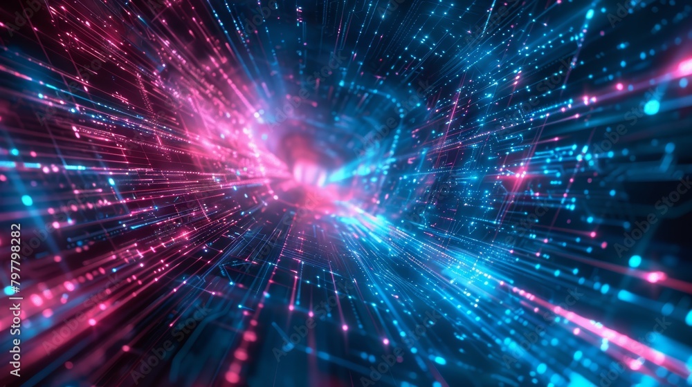 Dynamic digital tunnel with vibrant cyber lights in motion. Abstract Technology Background Dynamic digital tunnel with vibrant cyber lights in motion. Abstract Technology Background