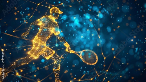 technology in tennis sports, digital yellow low poly tennis player with glowing data streams, ai in sports analytics, player performance tracking systems, training programs for tennis athletes. 