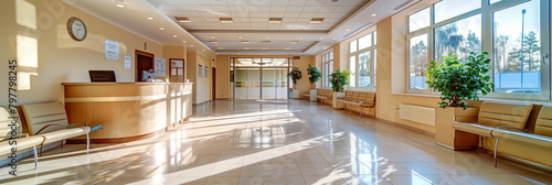 Modern hospital waiting room with reception desk and chairs. photo