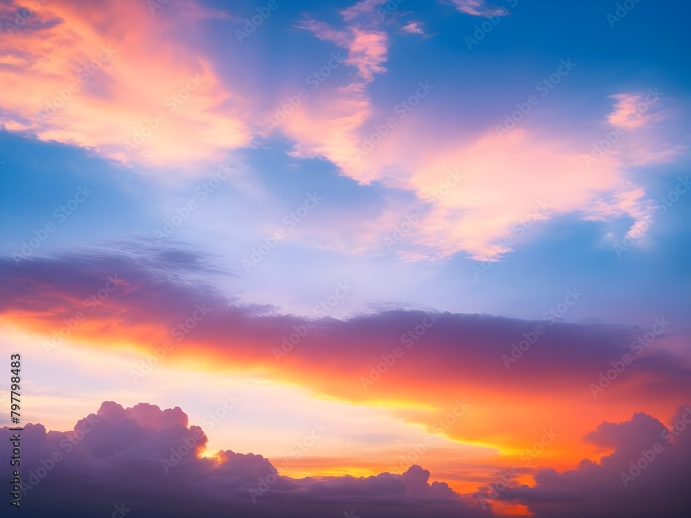 Dramatic amazing sky and clouds from above at sunset. Colorful pastel sky