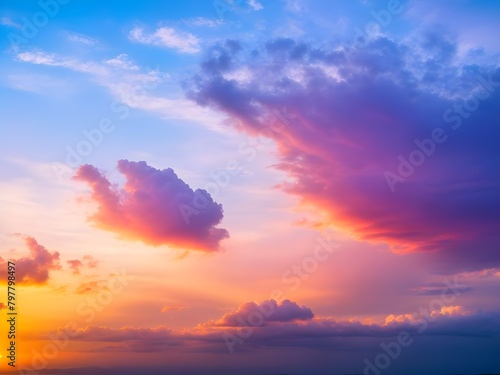 Dramatic amazing sky and clouds from above at sunset. Colorful pastel sky