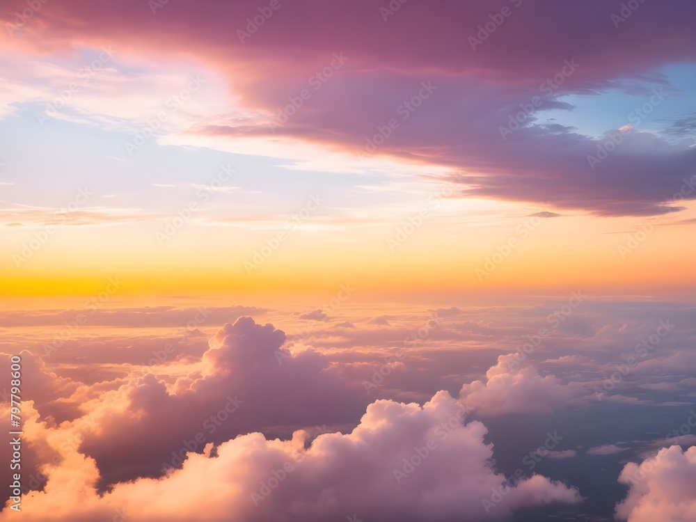 Dramatic amazing sky and clouds from above at sunset. Colorful pastel sky