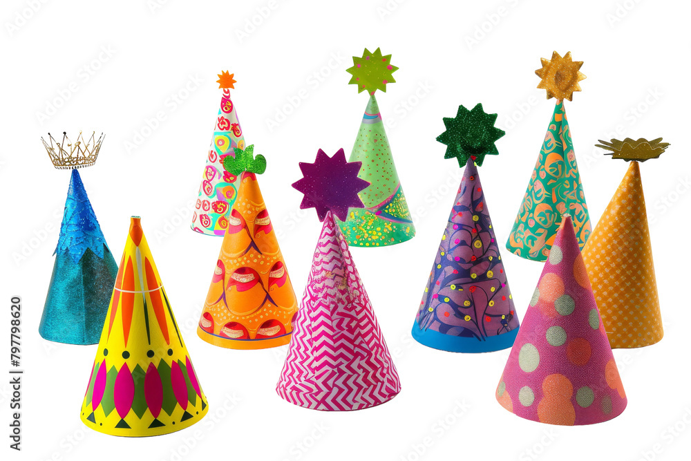 A collection of colorful party hats arranged neatly on a white background