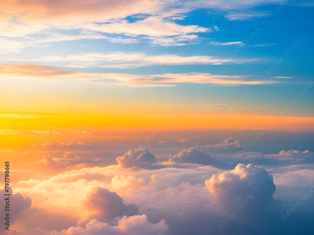 Dramatic amazing sky and clouds from above at sunset. Colorful pastel sky