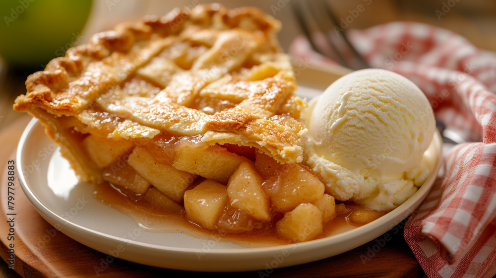 A freshly baked apple pie, with golden flaky crust and a sweet and tangy apple filling, topped with a scoop of vanilla ice cream. A freshly baked apple pie, with golden flaky crust and a sweet and tangy apple filling, topped with a scoop of vanilla ice cream.