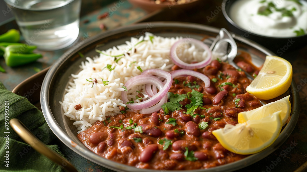 A front view of a plate of rajma chawal with red kidney beans curry, served with a plate of basmati rice, and garnished with sliced onions and lemon wedges. A front view of a plate of rajma chawal with red kidney beans curry, served with a plate of basmati rice, and garnished with sliced onions and lemon wedges.