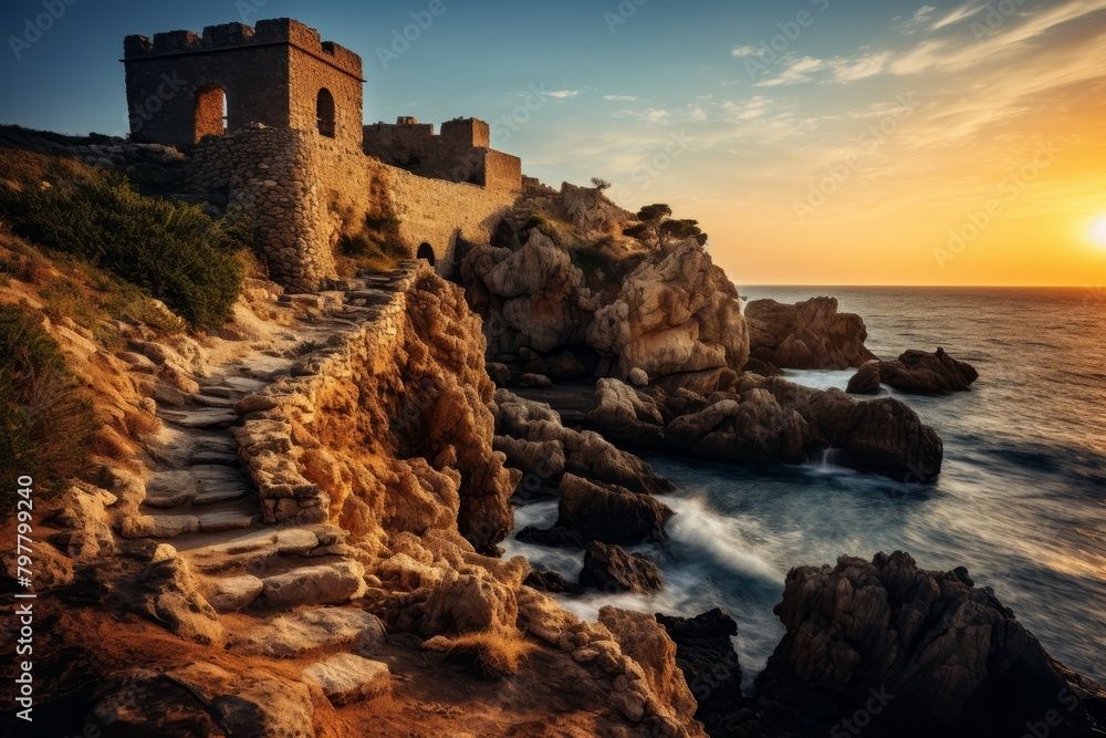 A Majestic View of Ancient Island Fort Ruins at Sunset, With the Ocean Waves Crashing Against the Rocky Shoreline