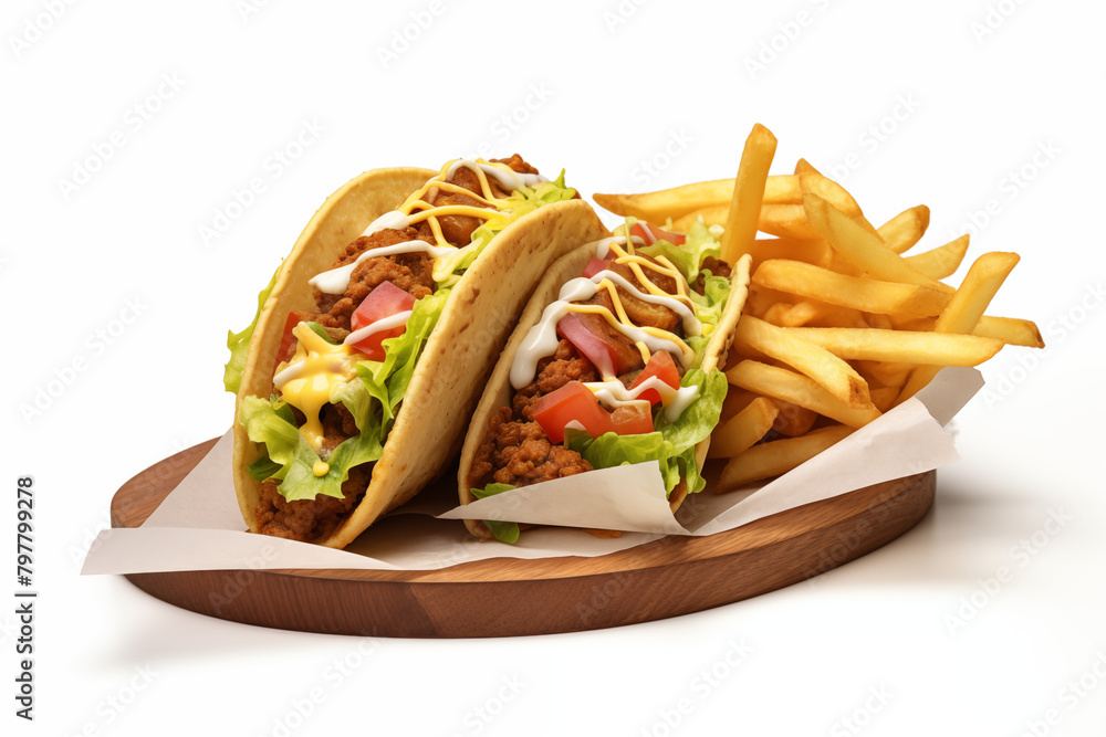 Tacos on white background. Fast food tacos. Sale of tacos. Eat tacos. Image for graphic designer. Image for flyers. Food related topics. Tacos on white background. Fast food tacos. Sale of tacos. Eat tacos. Image for graphic designer. Image for flyers. Food related topics.
