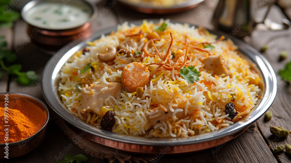 A front view of a plate of biryani with aromatic rice, cooked with chicken, spices, and saffron, and garnished with fried onions, cashews, and raisins. A front view of a plate of biryani with aromatic rice, cooked with chicken, spices, and saffron, and garnished with fried onions, cashews, and raisins.