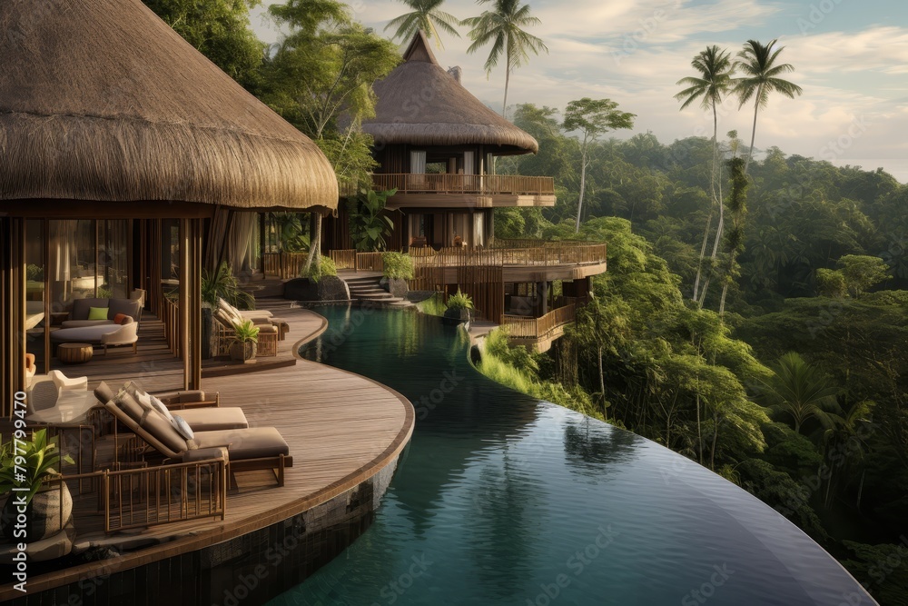 A Luxurious Tropical Rainforest Resort Nestled Amongst Lush Greenery, Featuring Thatched-Roof Villas, Infinity Pools, and Exotic Wildlife A Luxurious Tropical Rainforest Resort Nestled Amongst Lush Greenery, Featuring Thatched-Roof Villas, Infinity Pools, and Exotic Wildlife