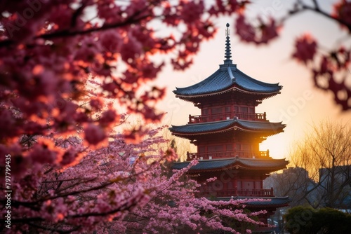 A Traditional Chinese Pagoda Nestled Amongst Cherry Blossom Trees  Illuminated by the Soft Glow of the Setting Sun