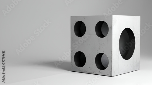 3d geometric structure with holes, showing peek of inside,  dice made of solid metal isolated white background  photo