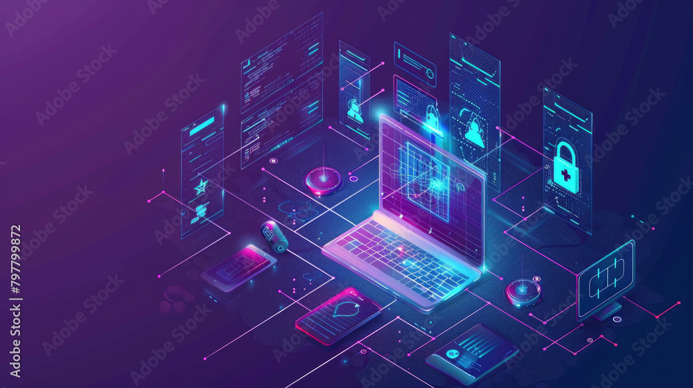 Isometric view of laptop computer sitting on a desk surrounded by a variety of electronic devices such as smartphones, tablets, headphones, and chargers Isometric view of laptop computer sitting on a desk surrounded by a variety of electronic devices such as smartphones, tablets, headphones, and chargers