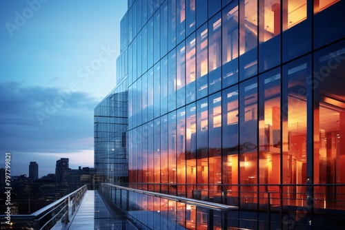 Modern Corporate Headquarters Building Illuminated at Dusk  Featuring a Distinctive Ribbon Window Design and Reflecting the Cityscape