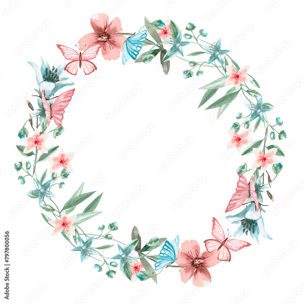 Wreath of delicate flowers and butterflies in watercolor illustration on a white background. Hand drawn wreath of flowers for cards, invitations, packaging, decoration.