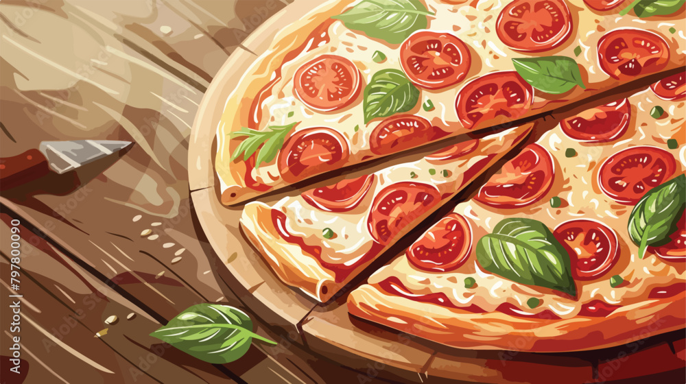 Delicious pizza Margherita on table Vector illustration